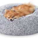 JOLLYVOGUE Calming Dog & Cat Bed for Small Dogs, Anti-Anxiety Donut Cuddler Cozy Soft Round Bed with Anti-Slip Bottom, Fluffy Faux Fur Plush Cushion Beds for Small Medium Dogs (20") (Smoke Grey)
