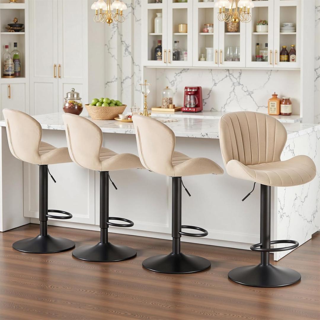 Sweetcrispy Bar Stools Set of 4, Modern Swivel Bar Chairs, Adjustable Fabric Upholstered Barstools Counter Height with Backrest for Bar, Kitchen Island, Dining Room, Beige