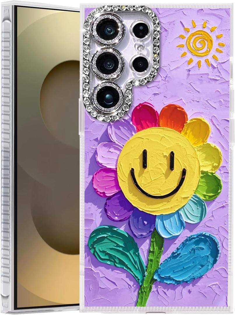 Compatible with Samsung Galaxy S25 Ultra Case,with [Shockproof Protective][Camera Protection] Cute Rainbow Flower Aesthetic Phone Cover Anti-Yellowing Soft Slim Cover for Women Girl-Purple