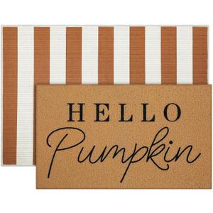 Tinideya 2 Pcs Door Mat Welcome Non Slip Coir Mats Floor Layering Doormats Seasonal for Front Porch Entryway Decor(Orange White)