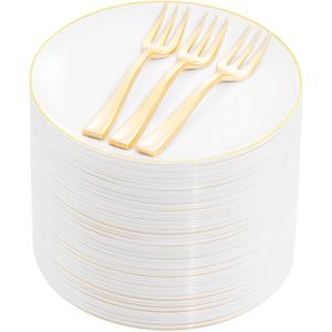 Festiva 200Pcs Gold Dessert Plates 6.3" with Forks 5"- Small Disposable Dessert/Appetize/Cake Plates Plates- serve 100 guests include 100Plates 100Forks for Wedding &Birthday Party & Outdoor