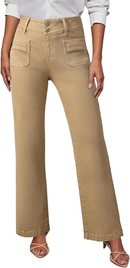 Sidefeel Women's Wide Leg Jeans High Waisted Tummy Control Stretchy Pockets Front Straight Leg Jeans (Beige, 1)