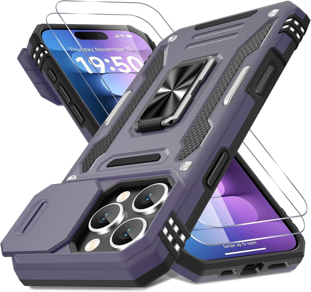 DEERLAMN Case for iPhone 16 Pro with Slide Camera Cover+Screen Protector(2 Packs), Rotated Ring Kickstand Military Grade Shockproof Protective Cover-Deep Purple