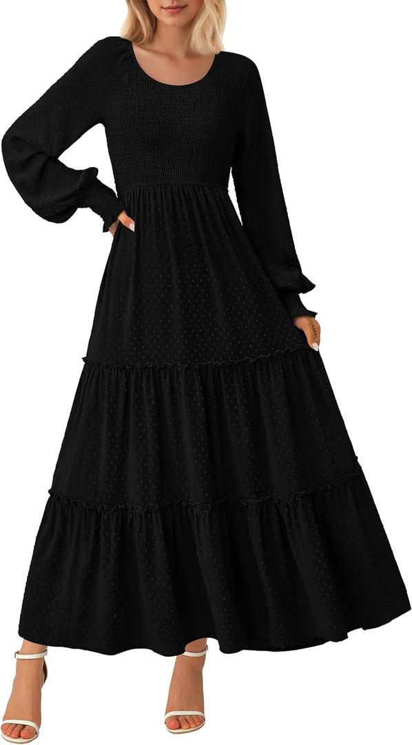 PRETTYGARDEN Women's Smocked Maxi Dress Spring Casual Long Sleeve Swiss Dot Ruffle Long Flowy Going Out Dresses with Pockets (Black) XL