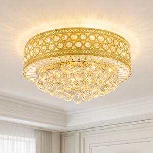 Luxury Crystal Ceiling Light Fixture, 20 inch Flush Mount Chandelier, Modern Round K9 Crystal Ceiling Light for Living Room Bedroom Dining Room (Gold)