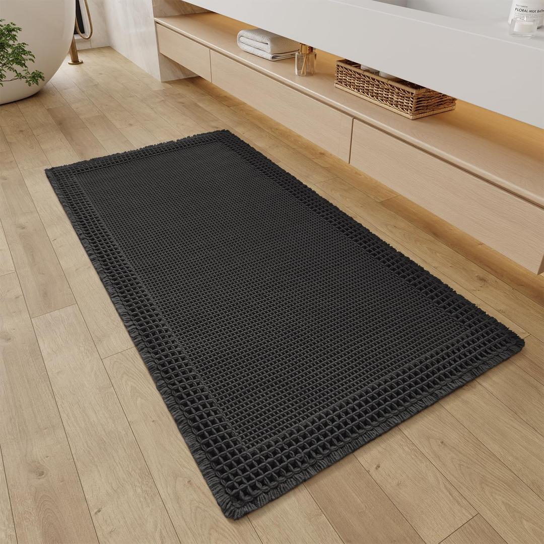 RESARE Waffle Bathroom Runner Rugs, Super Absorbent Bath Mat Non Slip Washable Quick Dry, Upgraded Ultra Soft Boho Bath Rugs with Tassels for Hallway Bedroom Laundry Room, 2'x5'(24"x60"), Black