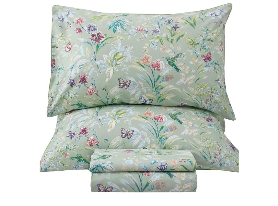QSH Floral King Size Sheet Sets - Green Flower Bird Butterfly Print Botanical Bedding Egyptian Cotton Printed Sheets King Size Bed Extra Soft and Breathable 17.5" Deep Pockets Bed Sheets 4pcs