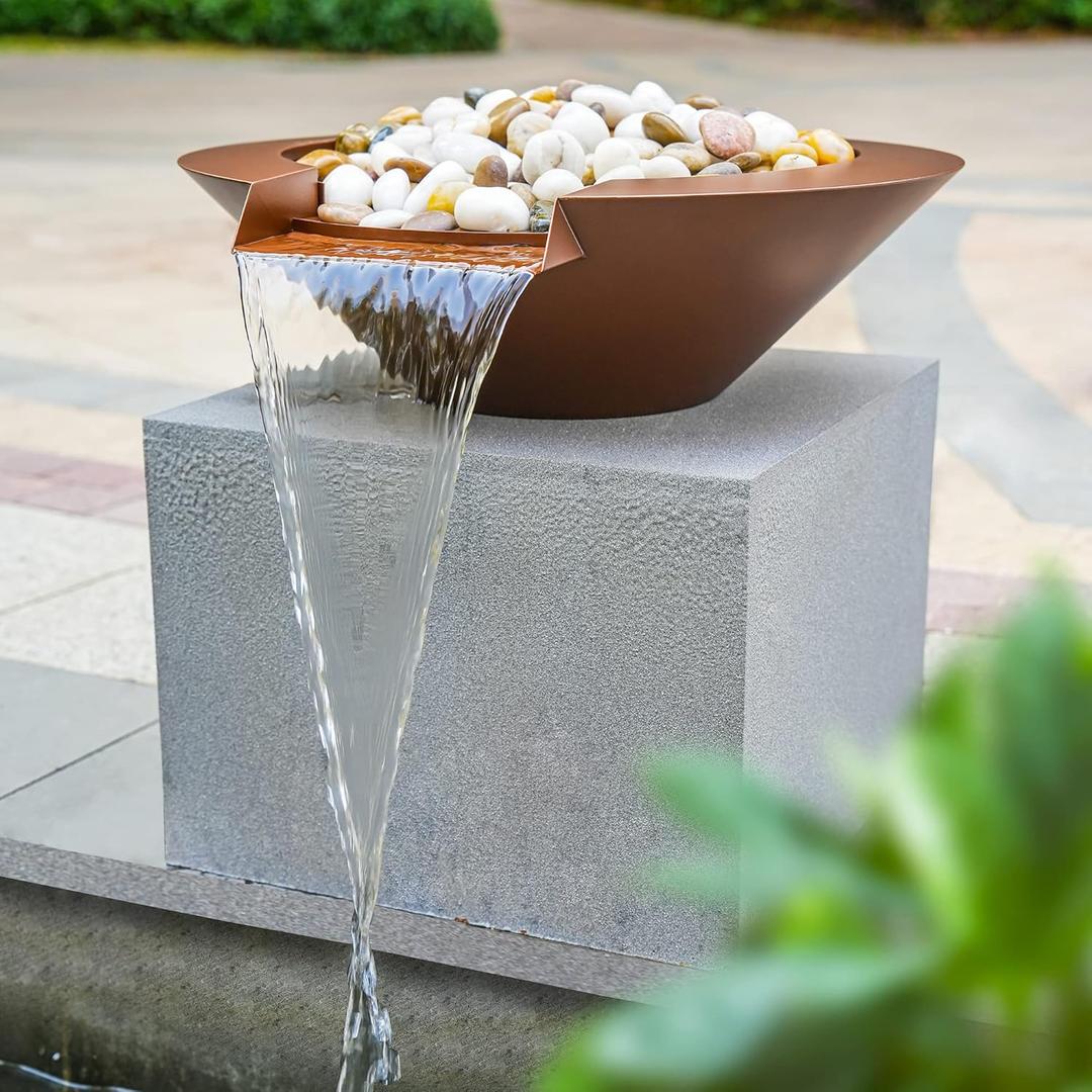 20" Round Garden Water Bowl, Stainless Steel Spilling Water Feature for Outdoor Ponds, and Other Landscaped Areas (Antique Brown Coated)