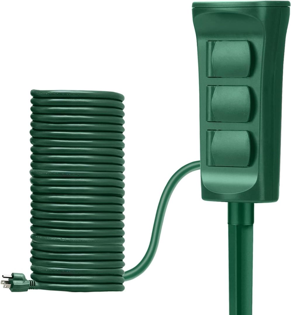 BESTTEN Outdoor Power Stake with 30ft Ultra Long Extension Cord, 3-Outlet Power Strip with Weatherproof Protective Covers, ETL Listed, Green