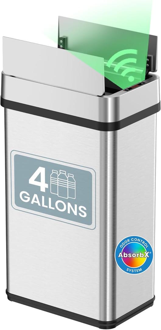 iTouchless 15 Liter / 4 Gallon Stainless Steel Wings Open Lid Sensor Bathroom Garbage Can, Touchless Automatic Operation, Compact Design for Home, Office, Kitchen, Bedroom, Restroom