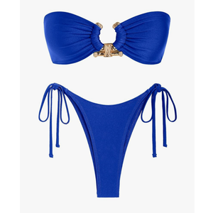 ZAFUL Metal Ring Bandeau Bikini Set Tie Side Bathing Suit High Cut 2 Piece Swimsuit Cutout Swimwear, Size L