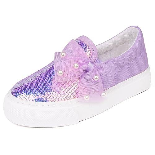 Toandon Girls Kids Sneakers Loafer Shoes Toddler Slip On Sequins Glimmer Glitter Sparkle Low Top Non Slip Rubber Sole Lightweight Breathable Walking Outdoor Fashion Casual Bowknot Purple Size 8