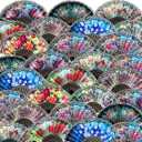 Geetery 50 Pcs Folding Chinese Hand Fan Bulk Different Flower Patterns Fabric Clacking Fans for Line Dancing for Popping Wedding Church Party(Lace, Classic)