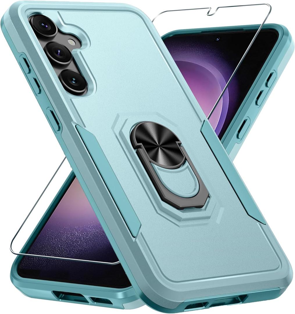 Compatible with Samsung Galaxy S24/S25 Case with Screen Protector Tempered Glass,Heavy Duty Shockproof Full Body Phone Cover Built in Metal Ring Holder Kickstand,2025 Mint Green