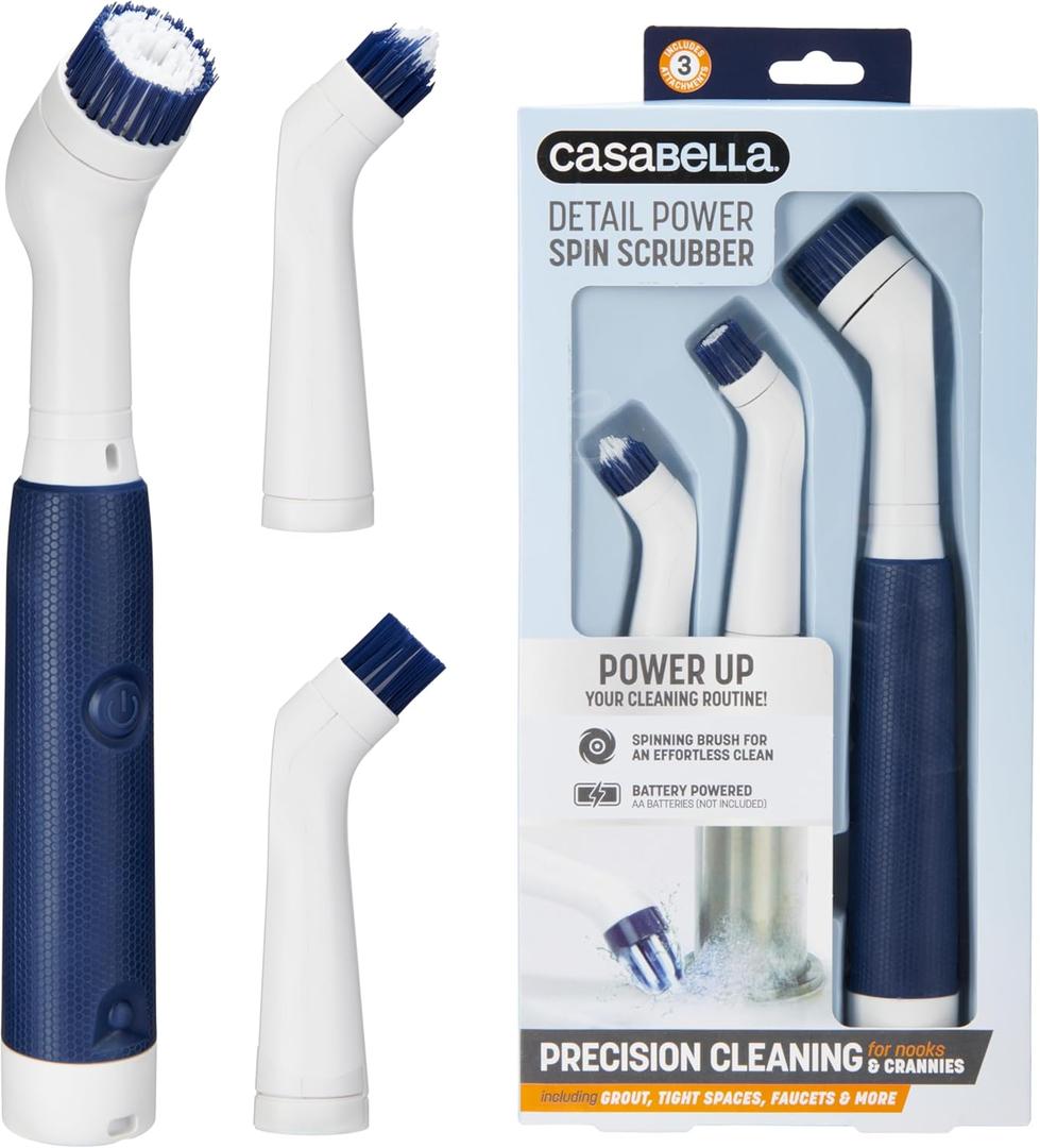 Casabella Handheld Spin Detail Scrubber, AA Battery Powered, 3 Brush Heads, White
