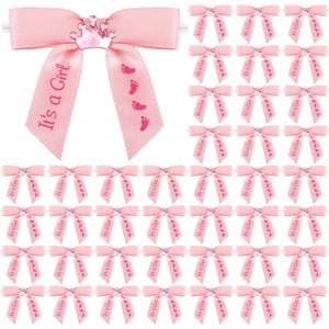 100 Pcs Baby Shower Satin Ribbon Twist Tie Bows 2.5" Pre Tied Craft Bow Baby Foot Print Ribbon Bows for Baby Shower Birthday Party Treat Bags Gift Wrapping Basket Decor (Baby Pink)