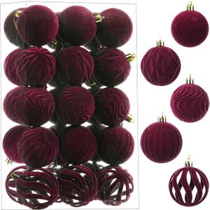 30ct 2.36" Flocked Christmas Ball Ornaments, Velvet Christmas Tree Balls, Flocked Shatterproof Xmas Ornaments, Fits for Party, Holiday and Home Decor, Burgundy