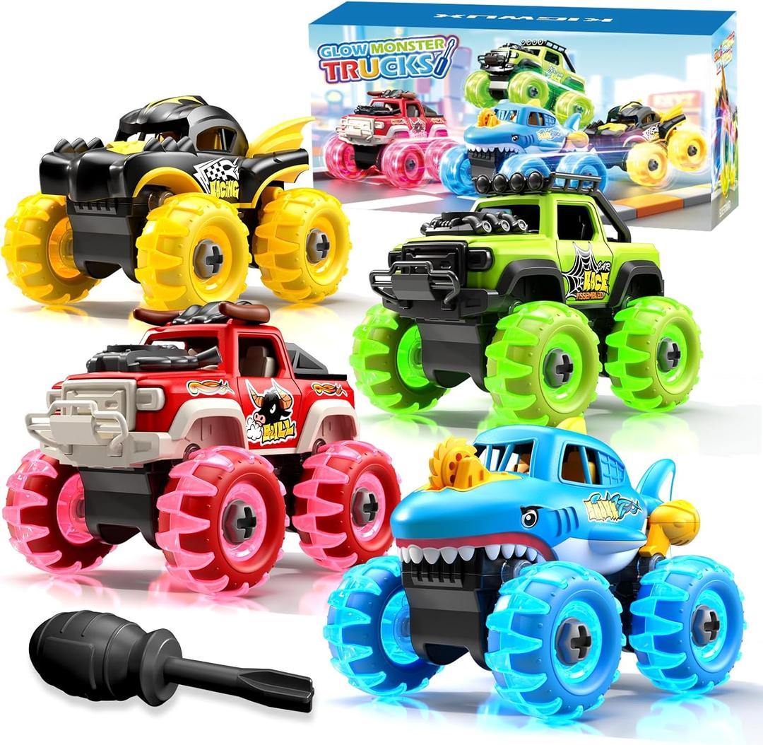 4 Pack Monster Truck Toys for 2 3 4 5 6 7 Year Boys, Light-Up Car Toys with Light-Up Wheels, Take Apart Toys Trucks for Toddler Toys 2-3, Birthday for Toddler Boys Ages 2-4