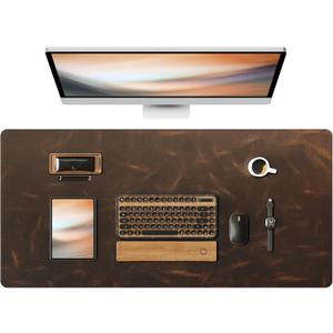 YSAGi Leather Desk Mat, 35.4"x17"Real Leather Desk Pad,2mm Thick Desk Blotter with Stiched line,Oil-Wax Feel Mouse pad and Self-Healing Laptop Pad for Home & Office(Classic Dark Brown)