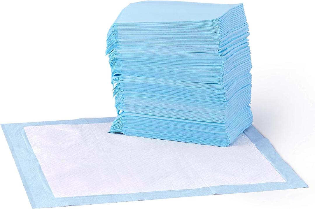 Amazon Basics Absorbent, Leak-Proof Dog and Puppy Pee Pads with 5-Layer Design and Quick-Dry Surface for Potty Training, Standard Absorbency, Regular Size, 22 x 22 Inch - Pack of 50, Blue & White