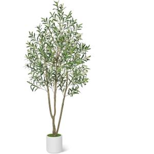 Timoo Faux Olive Tree 7FT Tall Olive Trees Artificial Indoor with White Tall Planter, Artificial Plants Indoor Faux Tree with Realistic Leaves and Fruits, Fake Plant for Home Office Decor