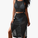 Pink Queen Women 2 Piece Swimsuit Crochet Hollow Out Swim Cover Up Bikini Swimwear Knit Mesh Tunic Beach Dress Side Slit, M