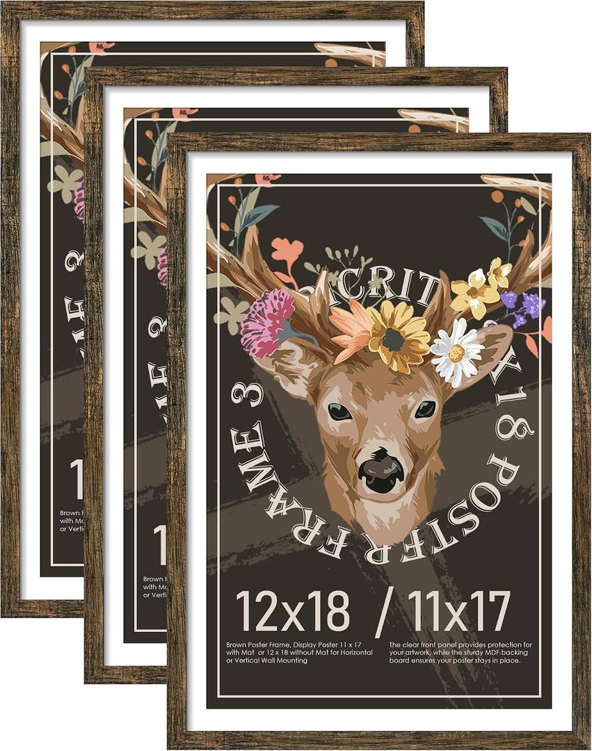 Picrit 12x18 Picture Frame 3 Pack, Brown Poster Frame, Display Poster 11 x 17 with Mat or 12 x 18 without Mat for Horizontal or Vertical Wall Mounting