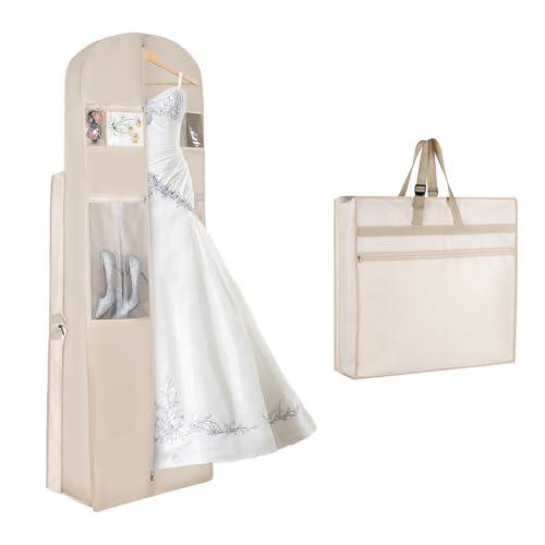 KEEGH Wedding Dress Garment Bag, 72” Tri-fold Bridal Dress Bags for Gowns, With Accessory Pockets and Adjustable Buckle Dress Cover for Wedding/Prom/Travel/Closet Storage (Beige)