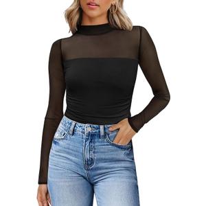 Womens Sexy Mesh Long Sleeve Shirts Fashion Clothing Turtle Necks Sheer Ruched Going Out Tops Fall Outfits Slim Fit Blouses (Medium, Black)