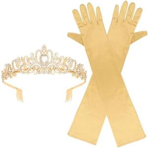 Brimekichio Long Satin Gloves and Crystal Tiara Crown for Bride,1920s Opera Gloves Wedding Accessories Party Decorations