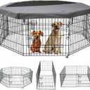 PETIME Foldable Metal Dog Exercise Pen/Pet Puppy Playpen Kennels Yard Fence Indoor/Outdoor 8 Panel 24" W x 36" H with Top Cover (with top Cover, 8 Panels 36" H)