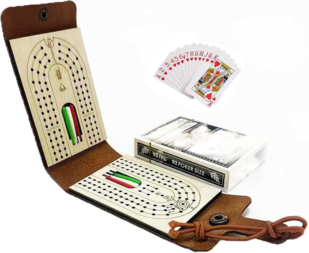 Foldable Travel Cribbage Board Pocket Game Set for Adult, Leather Cribbage Board Set with Cards Storage Area for Cribbage Lovers for Friends, Couples & Coworkers