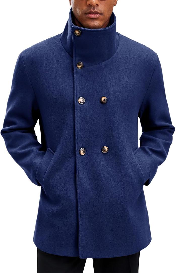 Yousify Mens Trench Coat Double Breasted Stand Collar Overcoat Casual Winter Warm Business Short Pea Coat (Blue, L)