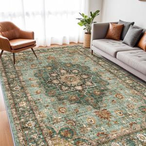 Washable Oriental Area Rug - 7x9 Rugs for Living Room Soft Carpet for Bedroom Waterproof Floral Distressed Indoor Stain Resistant Non-Shedding Floor Carpets (Green, 7x9)