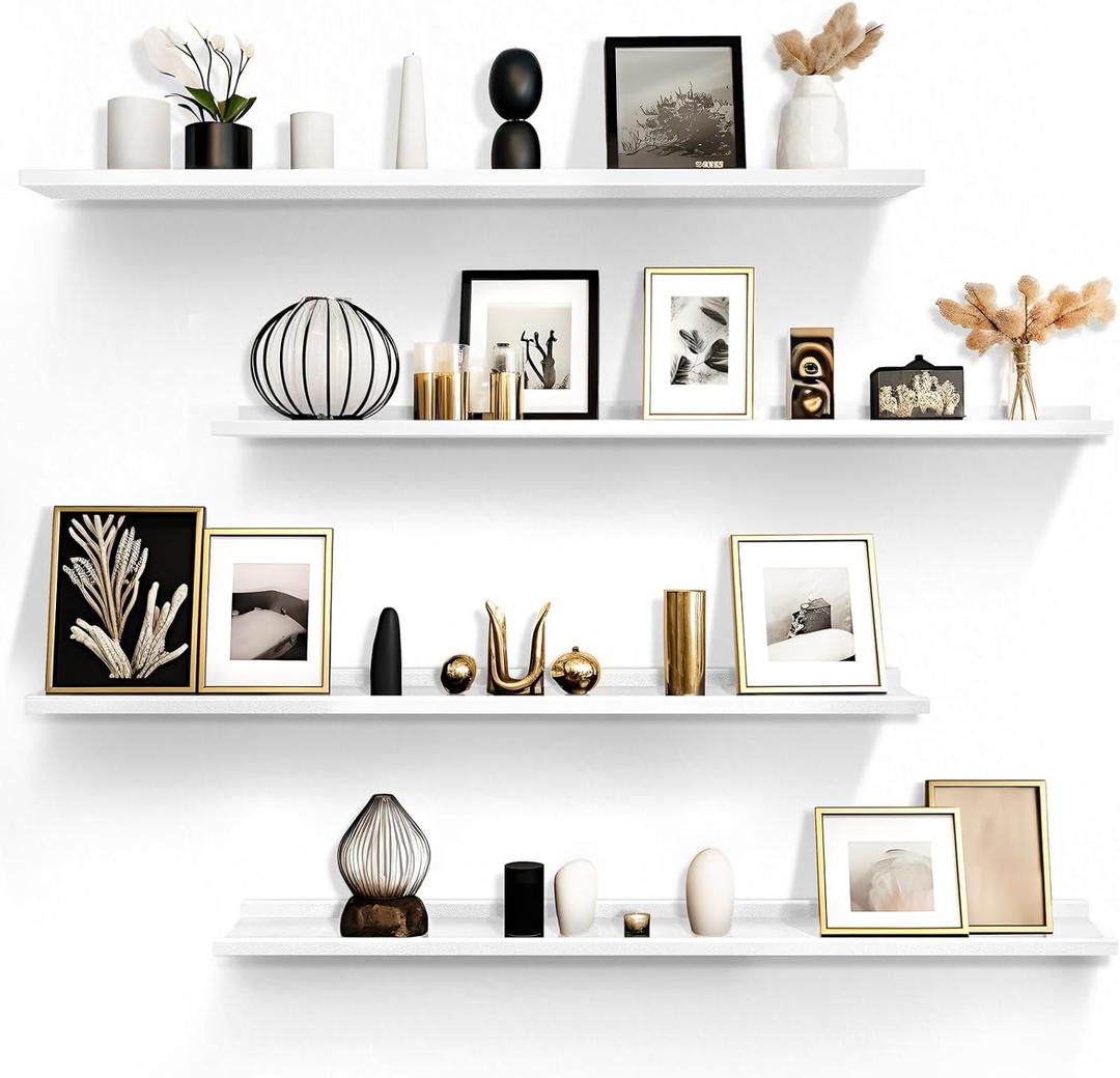 LaVie Home Floating Shelves for Wall Storage Set of 4, 48 Inch Picture Ledge Shelf, White Wall Shelves with Lip for Kitchen, Bedroom, Bathroom, and Living Room