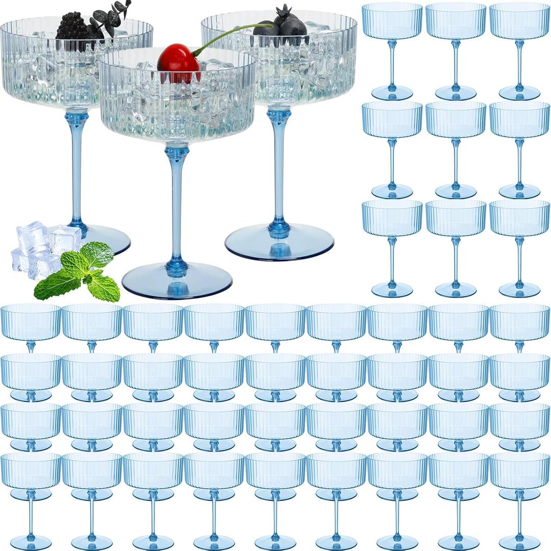 Jingmore 48 Pcs Ribbed Martini Glasses 10 oz Disposable Plastic Vintage Ribbed Coupe Glasses Unbreakable Dessert Parfait Glassware for Wedding Birthday Party Supplies (Blue)