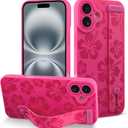 Fiyart Designed for iPhone 16 Case Cute Flowers with Strap Soft TPU Phone Cover Protective Camera Lens Protection for Women Men Floral Bumper with Stand 6.1"-Rose Red