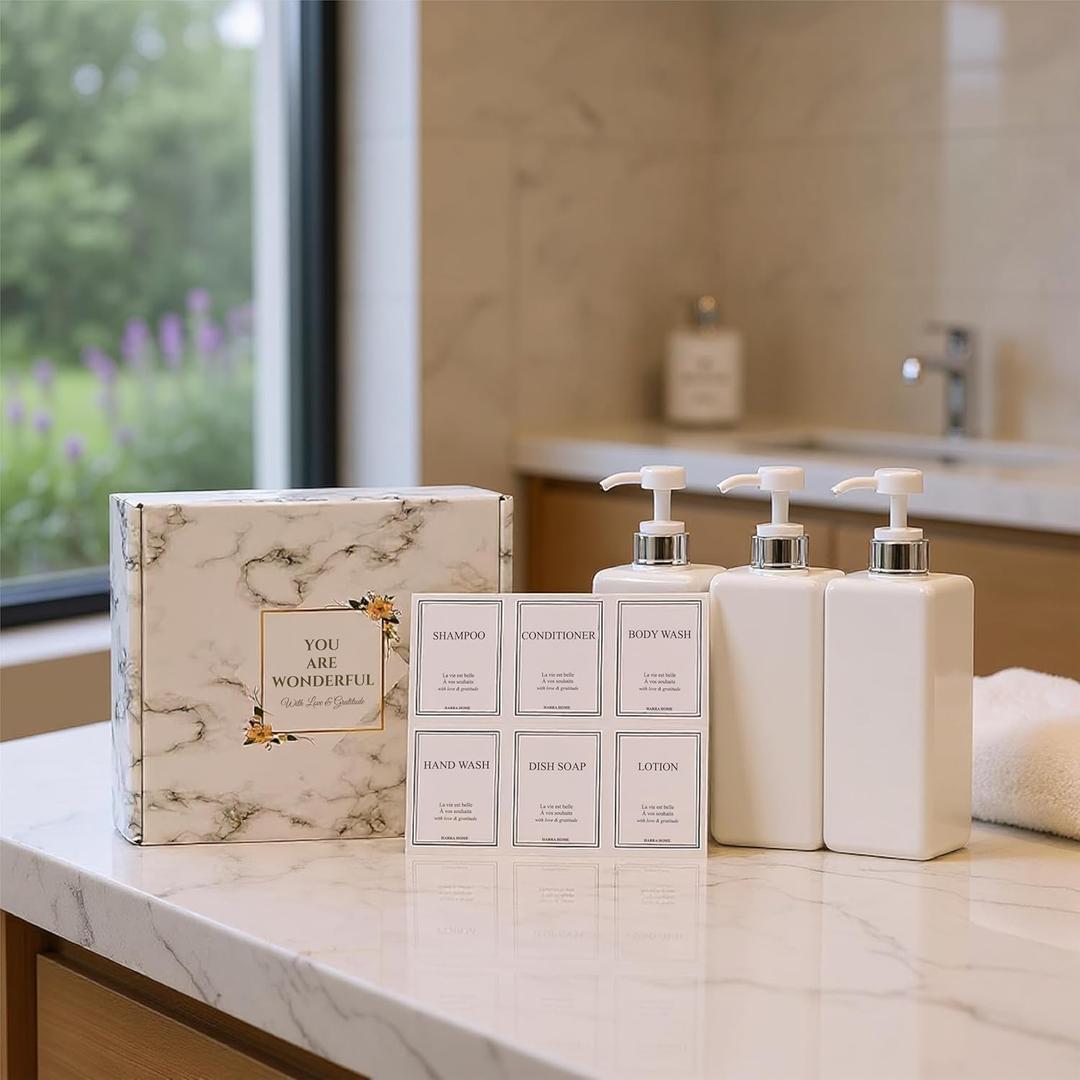 27oz Dispenser Bundle - 3 Pump Bottles(White & Silver) + 18 Labels 27oz Dispenser Bundle - 3 Pump Bottles(White & Silver) + 18 Labels