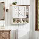 Bathroom Wall Cabinet, Farmhouse Medicine Cabinet with Doors, White & Brown, 31.5 x 29.65 x 7.87 inches