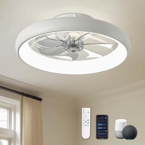 20" Modern White Flush Mount Ceiling Fan with Lights, 6 Wind Speeds, LED, Voice Control, Bedroom, Living Room, Kitchen (White-Y1095-WH02)