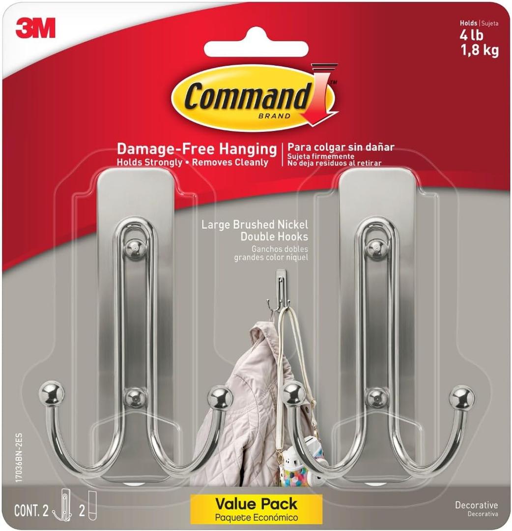 Command Large Brushed Nickel Double Hooks, 2 Hooks and 2 Strips, Damage Free Hanging Wall Hooks with Adhesive Strips, No Tools Coat Hooks for Hanging Home Decor, Holds up to 4 lb