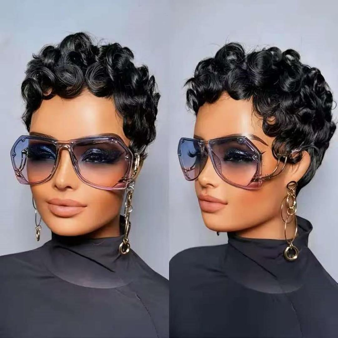 Pixie Cut Wigs for Black Women Short Layered Pixie Human Hair Wigs With Bangs Natural Black Color Glueless Short Curly Human Hair Wig Full Machine Made