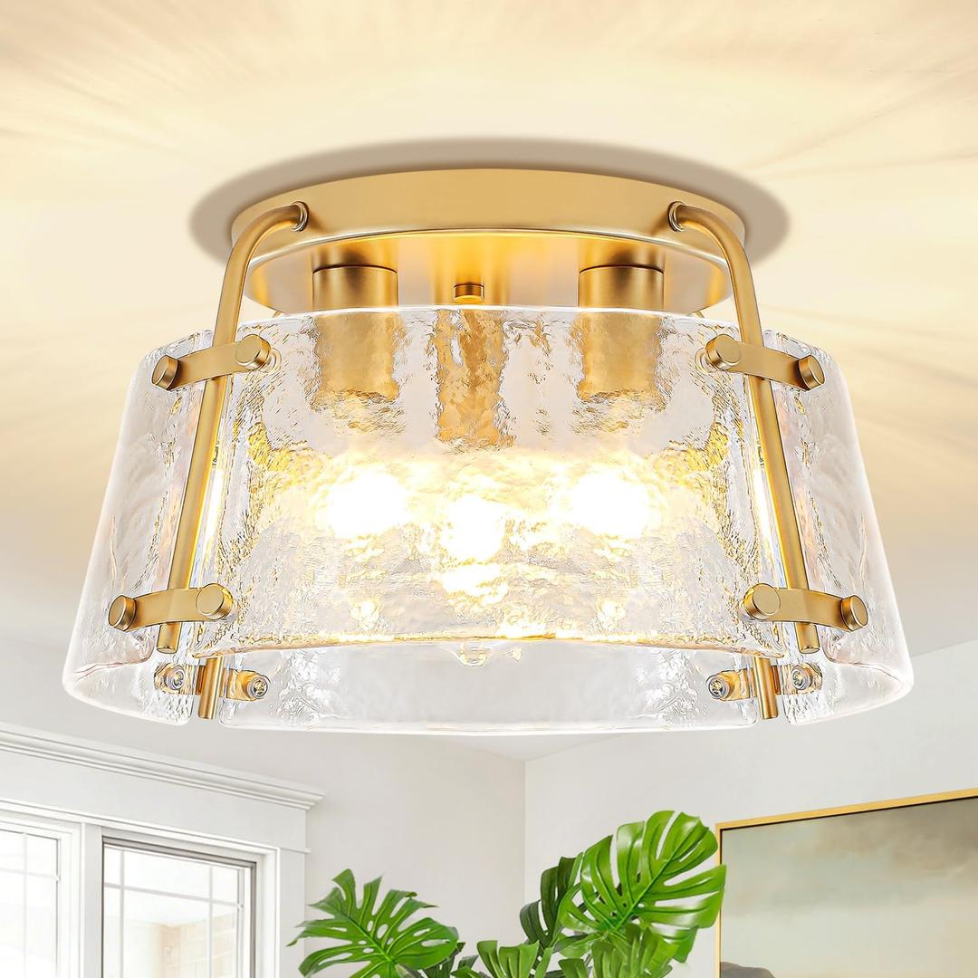 Gold Semi Flush Mount Ceiling Light, 3-Light Modern Hammered Glass Chandelier Entryway Light Fixtures Kitchen Lighting Close to Ceiling Light for Hallway Dining Room Bathroom Bedroom Foyer