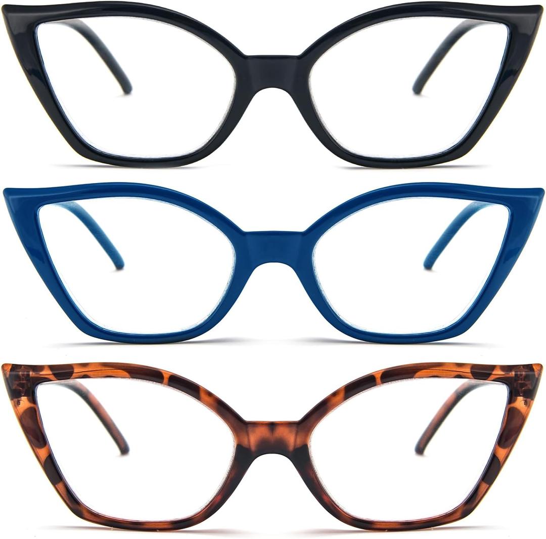 DXYXYO Cat Eye Reading Glasses for Women 3 Pack Anti Blue Light Computer Readers Stylish Retro with Spring Hinge (Black+blue+brown Leopard)