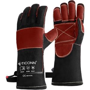 TICONN 16 Inch Welding Gloves, 1000°F Heat-Resistant Fireproof Leather Gloves for Welders, Stick, Forge, Mig, Tig, BBQ, Baking, Oven (Black/ Red, XL)
