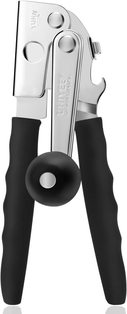 Heavy Duty Hand Crank Can Opener - Extra-long Handles, Oversized Knob, Easy for Big Cans, Black