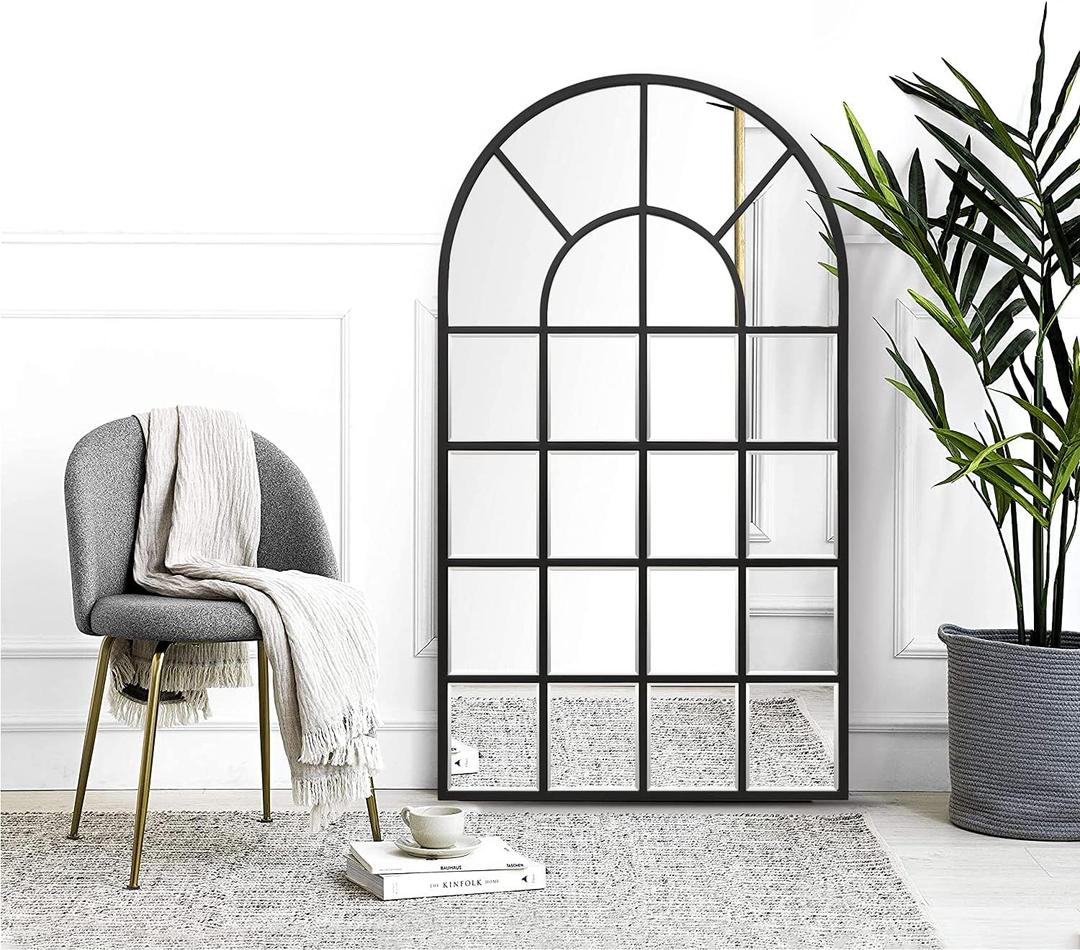 Black Arched Window Mirror, Large Window Pane Mirror with Beveled, Metal Framed Windowpane Mirrors, 28.5" X 50" Arched Wall Mirrors for Wall Decor, Entryway, Living Room