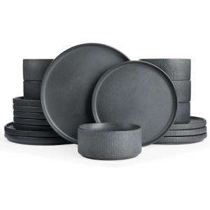 Famiware Star Plates and Bowls Sets, Modern Stoneware Dinnerware Sets for 6, 18-Piece Kitchen Dish Set - Chip and Scratch Resistant, Microwave and Dishwasher Safe Tableware, Matte Dark Charcoal