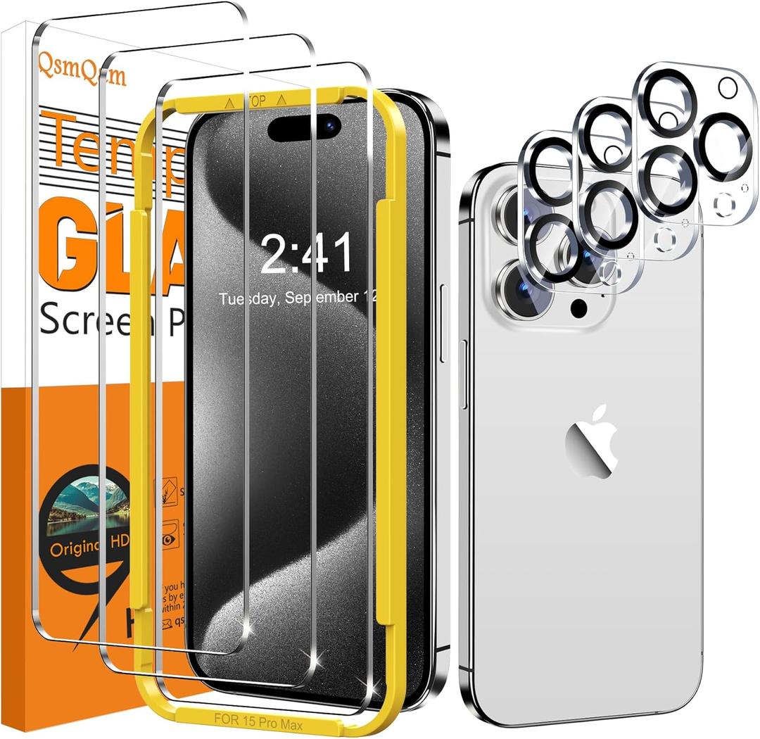4 x QsmQam 3 Pack Screen Protector for iPhone 15 Pro Max 6.7 Inch with 3 Pack Camera Lens Protector, Ultra HD Tempered Glass, 9H Hardness, Anti Scratch, Bubble Free, Easy Installation, Case Friendly