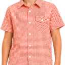 Bienzoe Boys Plaid Cotton Shirt: Button Down Tops | Casual Short Sleeve, Classic Gingham Pattern, Chest Pocket, Breathable for Summer Outdoor Play Picnic Camp (Orange)